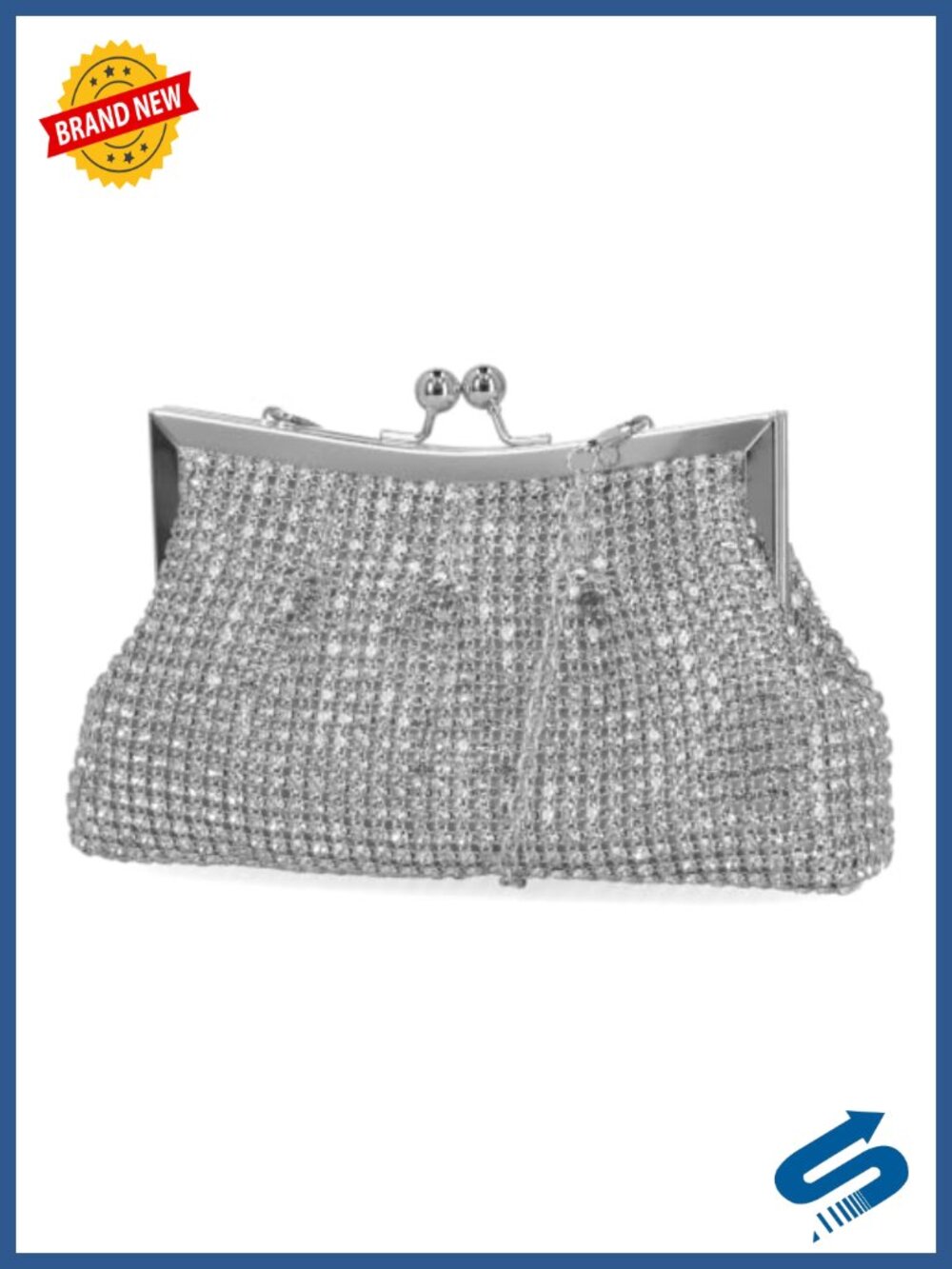 Rhinestone Evening Clutch Kiss Lock Faux Leather Purse Detachable Strap